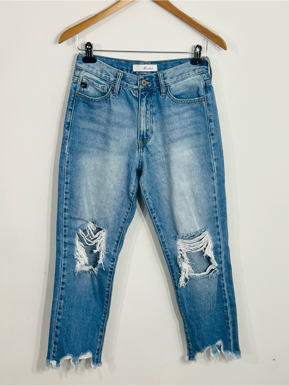KanCan Light Wash Distressed Raw Hem Skinny Jeans High Rise 5 Pocket Cotton